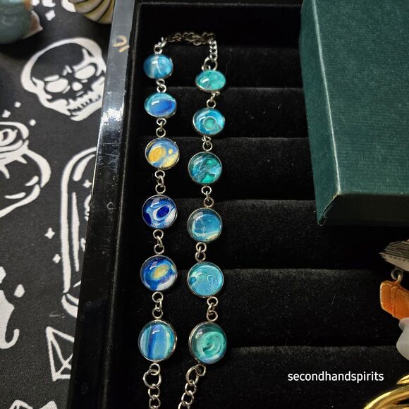 Blue Green Swirled Abstract Marbled Artisan Silver Tone Cabochon Bracelet/Anklet - Picture 6 of 6